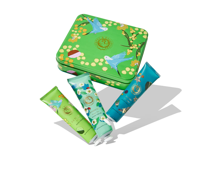 Gift Set of 3 full size hand creams in a Luxe Tin- Lime Design