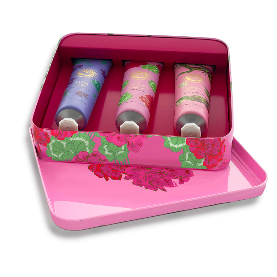 Gift Set of 3 full size hand creams in a Luxe Tin - Geranium Design