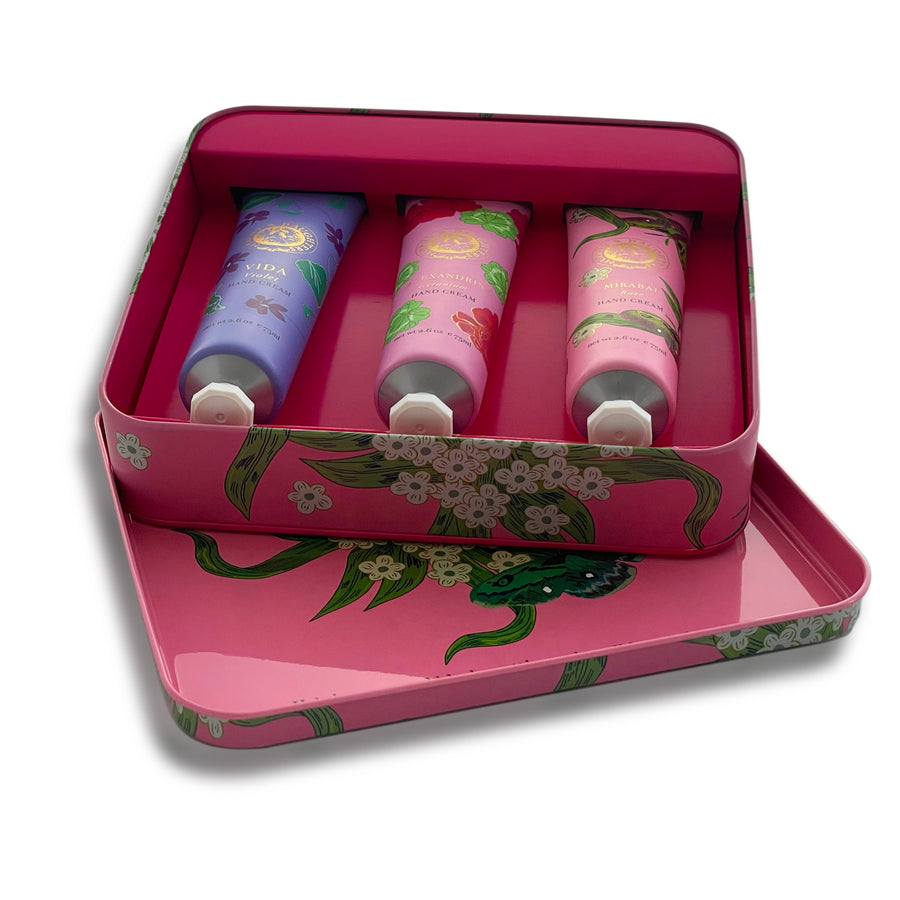 Gift Set of 3 full size hand creams in a Luxe Tin- Rose Design