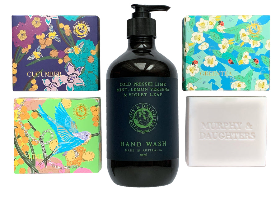 Luxe Hand Washing Soap Pack - 1 Hand Wash Pump In Cold Pressed Lime, mint, Lemon Verbena and violet Leaf and 3 Bars of Soap