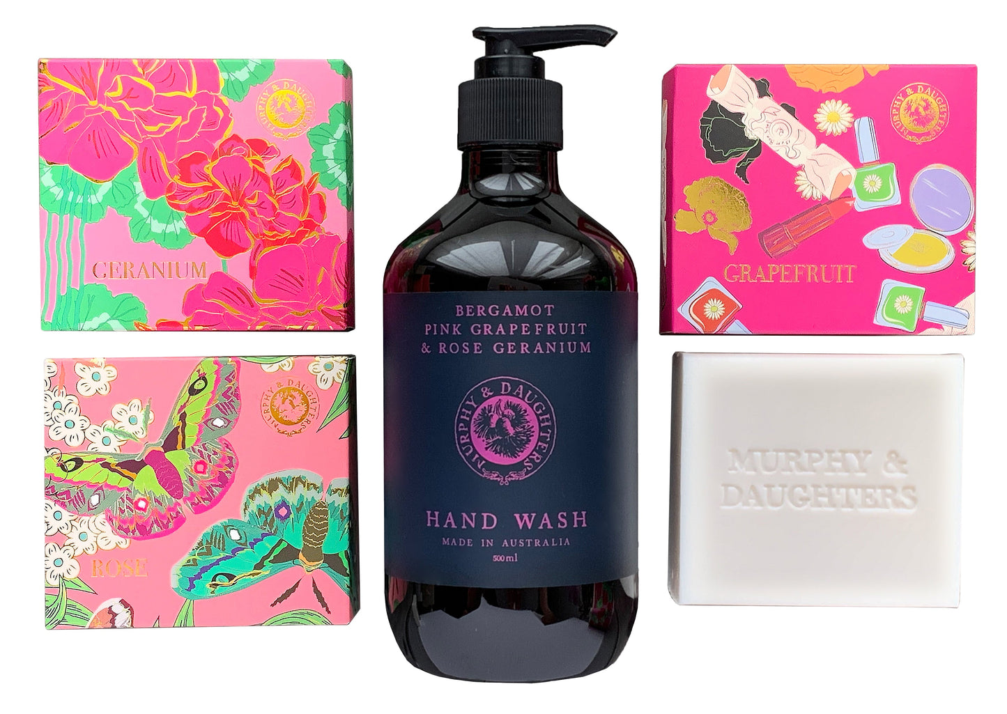 Luxe Hand Washing Soap Pack - 1 Hand Wash Pump In Bergamot, Pink Grapefruit and Rose Geranium and 3 Bars of Soap Murphy & Daughters