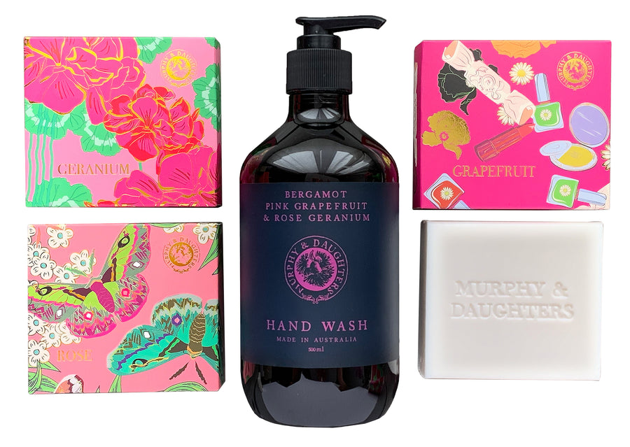 Luxe Hand Washing Soap Pack - 1 Hand Wash Pump In Bergamot, Pink Grapefruit and Rose Geranium and 3 Bars of Soap